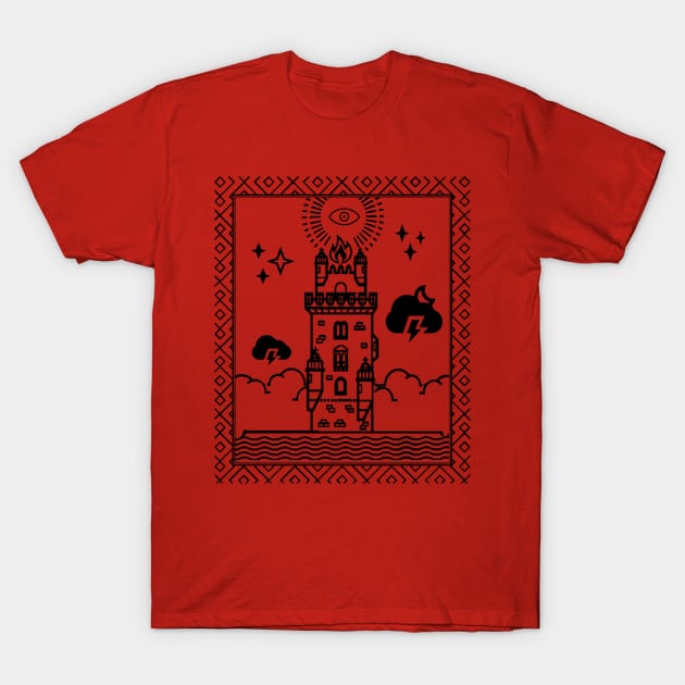 Tarot Card - The Tower - Black T-Shirt by ballhard